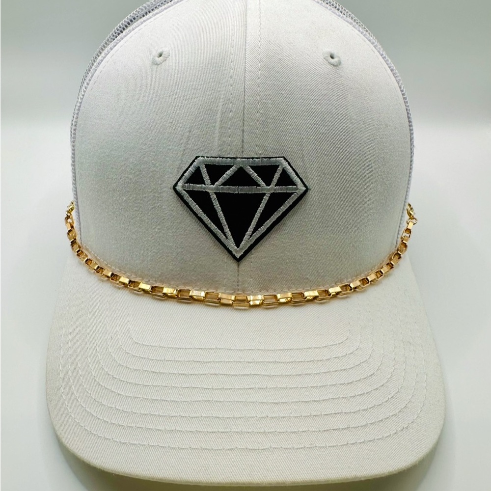White Cap with Diamond Patch and Gold Chain